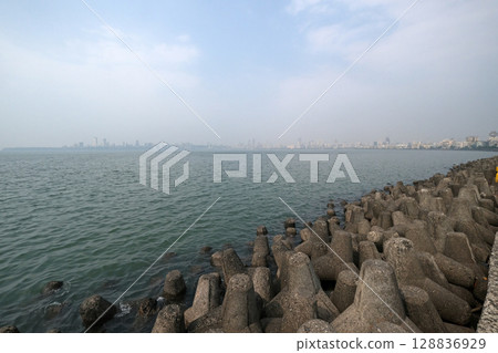 Tetrapods on Marine Drive in Mumbai, India 128836929