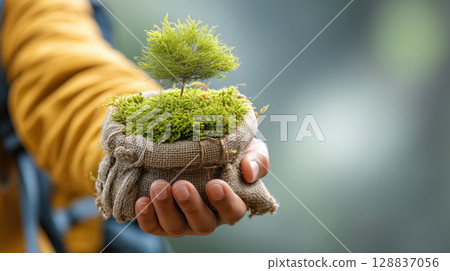 Hand holding small tree in burlap sack symbolizes sustainable tourism and environmental care Hand holding small tree in burlap sack symbolizes sustainable tourism and environmental care 128837056