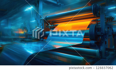 Modern plastic sheet manufacturing furnace with molten glass being processed in vibrant industrial setting Modern plastic sheet manufacturing furnace with molten glass being processed in vibrant industrial setting 128837062