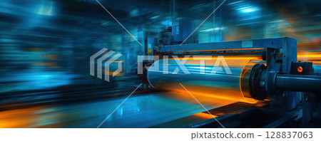 Modern glass manufacturing furnace with molten glass glowing brightly in industrial setting 128837063