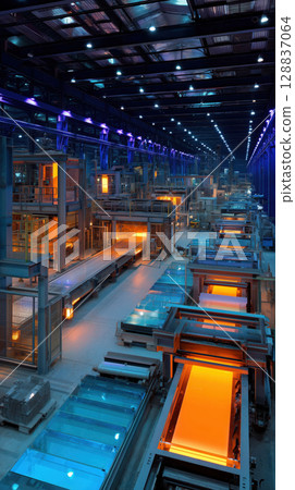Modern glass manufacturing facility with glowing molten glass in furnaces, showcasing advanced technology and industrial efficiency 128837064