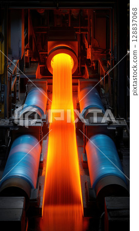 Molten glass flows from modern manufacturing furnace, glowing brightly in industrial setting 128837068