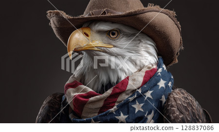 Bald eagle in cowboy hat and American flag scarf celebrates Independence Day Bald eagle in cowboy hat and American flag scarf celebrates Independence Day 128837086