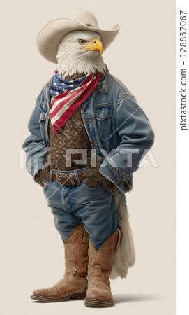 Patriotic bald eagle cowboy dressed in denim celebrates American Independence Day Patriotic bald eagle cowboy dressed in denim celebrates American Independence Day 128837087