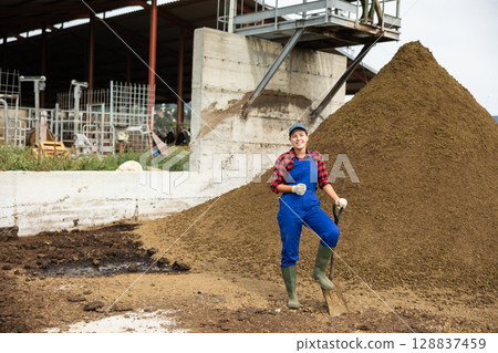 Female farmer with shovel poses against pile of dried and crushed cow dung in the backyard of farm 128837459