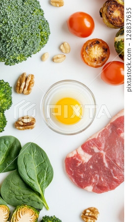 Fresh ingredients for healthy diet with raw beef and egg on white background 128837635
