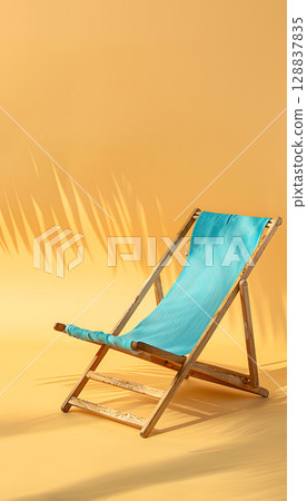 Tropical Relaxation, Blue Deck Chair, Yellow Beach Background 128837835
