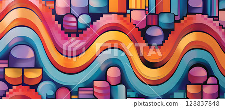 Colorful Abstract Geometric Art with Waves and Shapes 128837848