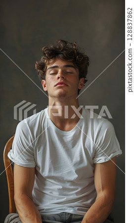 A young man sits in a chair, eyes closed, wearing tshirt, facial hair, smiling 128837862