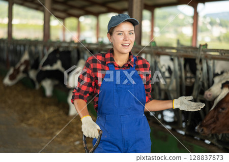 Girl is employee of company during break in work 128837873