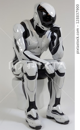 A robot in sports gear sitting on a toilet and contemplating 128837900