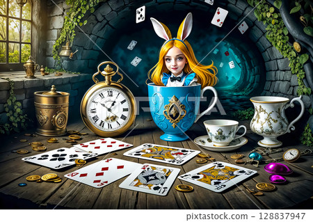 Alice falls down a rabbit hole surrounded by floating cards, coins, clocks and books in a wonderland Alice falls down a rabbit hole surrounded by floating cards, coins, clocks and books in a wonderland 128837947