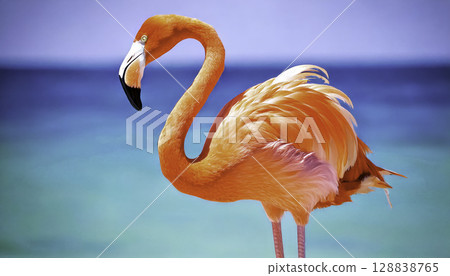 Single pink flamingo stands against a vibrant turquoise ocean backdrop 128838765