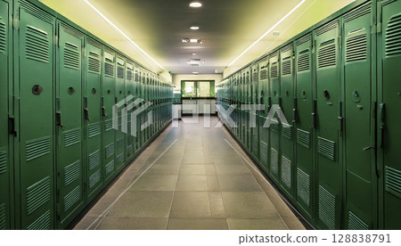 Rows of metal lockers line a school hallway Rows of metal lockers line a school hallway 128838791