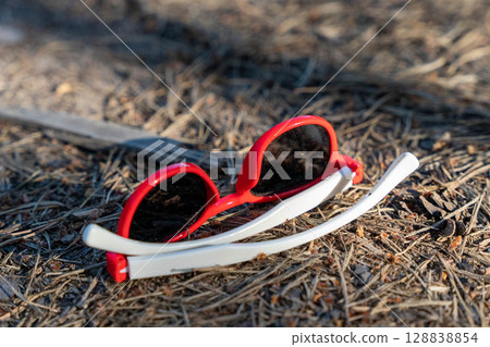 Red and white sunglasses lying on dry pine needles Red and white sunglasses lying on dry pine needles 128838854