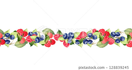 Hand-drawn Berry Seamless Border Illustration. Raspberry Blueberry decorative frame 128839245