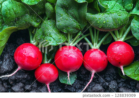 Freshly harvested radishes growing in rich soil with droplets of water in the early morning light Freshly harvested radishes growing in rich soil with droplets of water in the early morning light 128839309