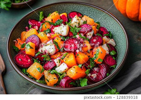 A vibrant salad featuring roasted beets, squash, and fresh greens garnished with herbs. 128839318