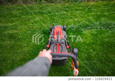 Mowing the lush green lawn on a bright afternoon in early spring 128839421