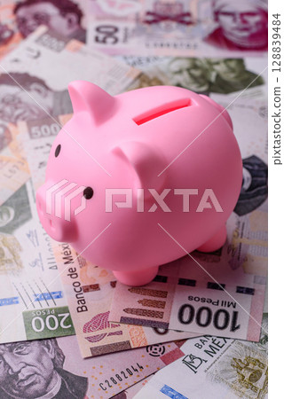 Money, Mexican currency, peso banknotes. Conceptual financial background 128839484