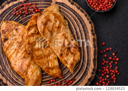 Chicken breast, grilled fillet, meat meal on a plate 128839525
