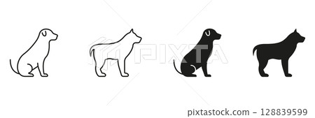 Dog Silhouette And Outline Icon Set. Canine Pet Symbol Collection In Sitting And Standing Poses. Animal Companion And Loyalty. Isolated Vector Illustration 128839599