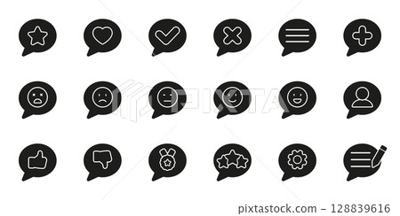 Speech Bubble Icon Set With Various Symbols. Communication, Feedback, And Interaction Silhouette Icon Collection. Includes Emoticons, Ratings, And User Interface. Isolated Vector Illustration 128839616