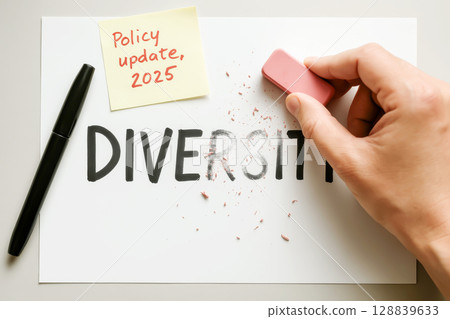 Word Diversity Being Erased With Note Saying Policy Update, 2025 . Concept For Inclusion Backlash, Political Regression, Workplace Equality Issues, Social Commentary, And Cultural Shift Visuals 128839633