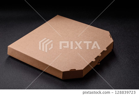 Pizza box for fast delivery, recycled cardboard packaging Pizza box for fast delivery, recycled cardboard packaging 128839723