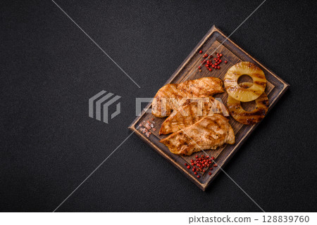 Chicken breast, grilled fillet, meat meal on a plate 128839760