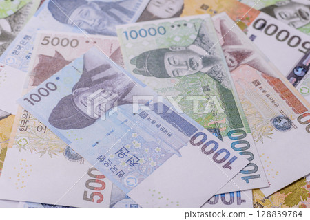 Paper money, South Korean banknotes as a financial business background 128839784
