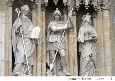 Statue of Saints Methodius, George and Barbara, portal of the Zagreb cathedral Statue of Saints Methodius, George and Barbara, portal of the Zagreb cathedral 128839921