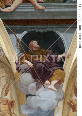 Saint James the Apostle, fresco on the ceiling of the Cathedral of St Nicholas in Ljubljana, Slovenia Saint James the Apostle, fresco on the ceiling of the Cathedral of St Nicholas in Ljubljana, Slovenia 128840014