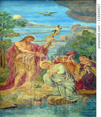 Baptism of the Lord, fresco on the facade of St Nicholas Cathedral in Ljubljana, Slovenia Baptism of the Lord, fresco on the facade of St Nicholas Cathedral in Ljubljana, Slovenia 128840027