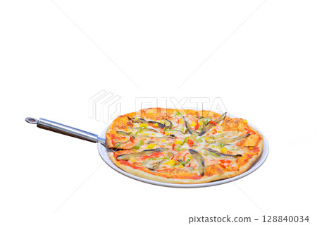 assorted pizza with different fillings: salami, tomatoes, mushrooms, bacon, sun-dried tomatoes. 128840034