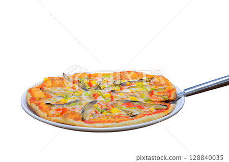 assorted pizza with different fillings: salami, tomatoes, mushrooms, bacon, sun-dried tomatoes. 128840035