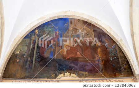 The frescoes with scenes from the life of St. Francis of Assisi, cloister of the Franciscan monastery of the Friars Minor in Dubrovnik, Croatia 128840062