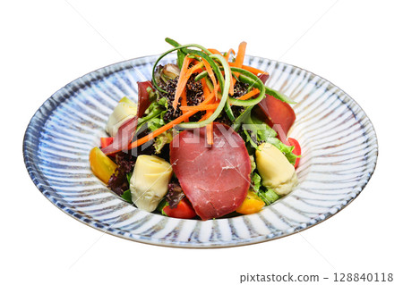 Seasonal Salad with Homemade Pastrami or bacon. With blush or rose wine. 128840118