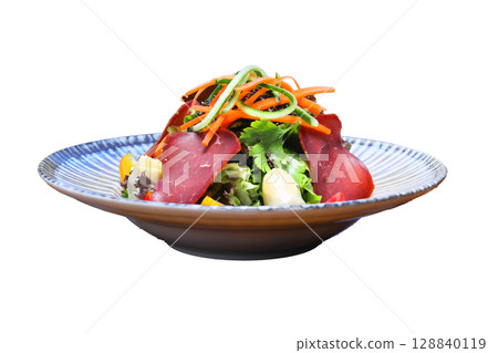 Seasonal Salad with Homemade Pastrami or bacon. With blush or rose wine. 128840119