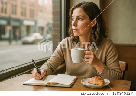 Woman Journaling With Coffee And Croissant By Cafe Window. Concept For Slow Mornings, Mindful Routines, Creative Reflection, Cozy Urban Lifestyle, And Wellness-Inspired Productivity Woman Journaling With Coffee And Croissant By Cafe Window. Concept For Slow Mornings, Mindful Routines, Creative Reflection, Cozy Urban Lifestyle, And Wellness-Inspired Productivity 128840127