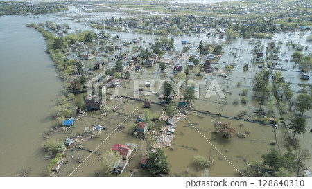 Floods and cyclone, global warming. Climate change,natural disasters the tsunami of nature.The apocalypse, catastrophes.Storms and destruction.The remnants of human life are floating in dirty water 128840310