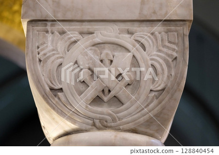 Carved stone column ornament in the church of Saint Blaise in Zagreb, Croatia 128840454