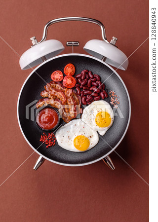 Breakfast of fried eggs with bacon or sausage and vegetables. ? plate on a vintage alarm clock Breakfast of fried eggs with bacon or sausage and vegetables. ? plate on a vintage alarm clock 128840943