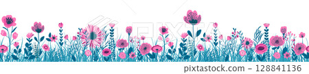 Horizontal seamless banner decorated with blooming flowers and leaves. Spring floral backdrop. Flat vector illustration on white background 128841136