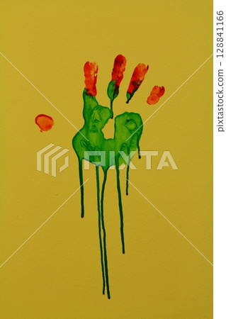 colorful hand print on the wall colorful hand print on the wall 128841166