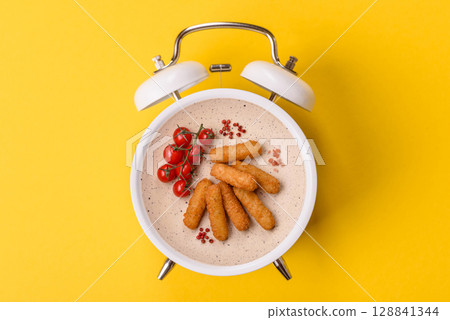 Cheese sticks, mozzarella fried, fast food breaded with sauce. Concept of time to eat fast food Cheese sticks, mozzarella fried, fast food breaded with sauce. Concept of time to eat fast food 128841344
