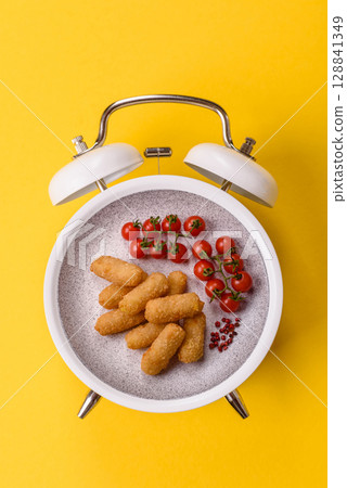 Cheese sticks, mozzarella fried, fast food breaded with sauce. Concept of time to eat fast food Cheese sticks, mozzarella fried, fast food breaded with sauce. Concept of time to eat fast food 128841349