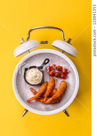 Shrimp fried in breaded or tempura, junkfood, food to go . Concept time to eat fast food Shrimp fried in breaded or tempura, junkfood, food to go . Concept time to eat fast food 128841353