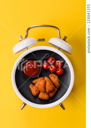 Chicken nuggets, crispy fried food with sauce. Fast food concept 128841355