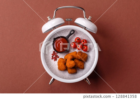 Chicken nuggets, crispy fried food with sauce. Fast food concept 128841358